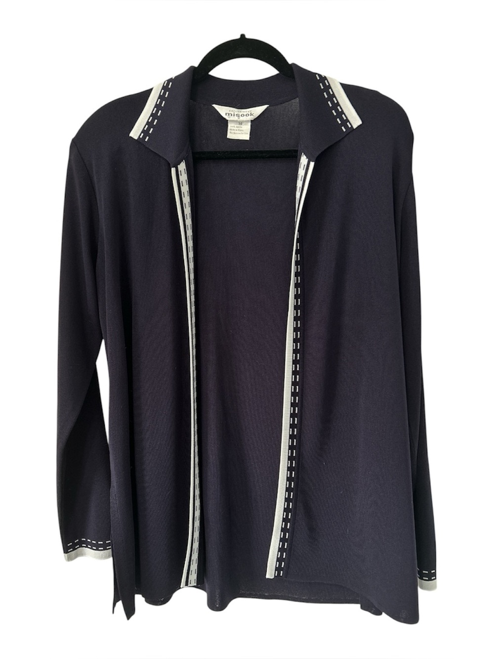 Exclusively Misook Vintage Knit Sweater Jacket in Navy with White Trim - Size M
